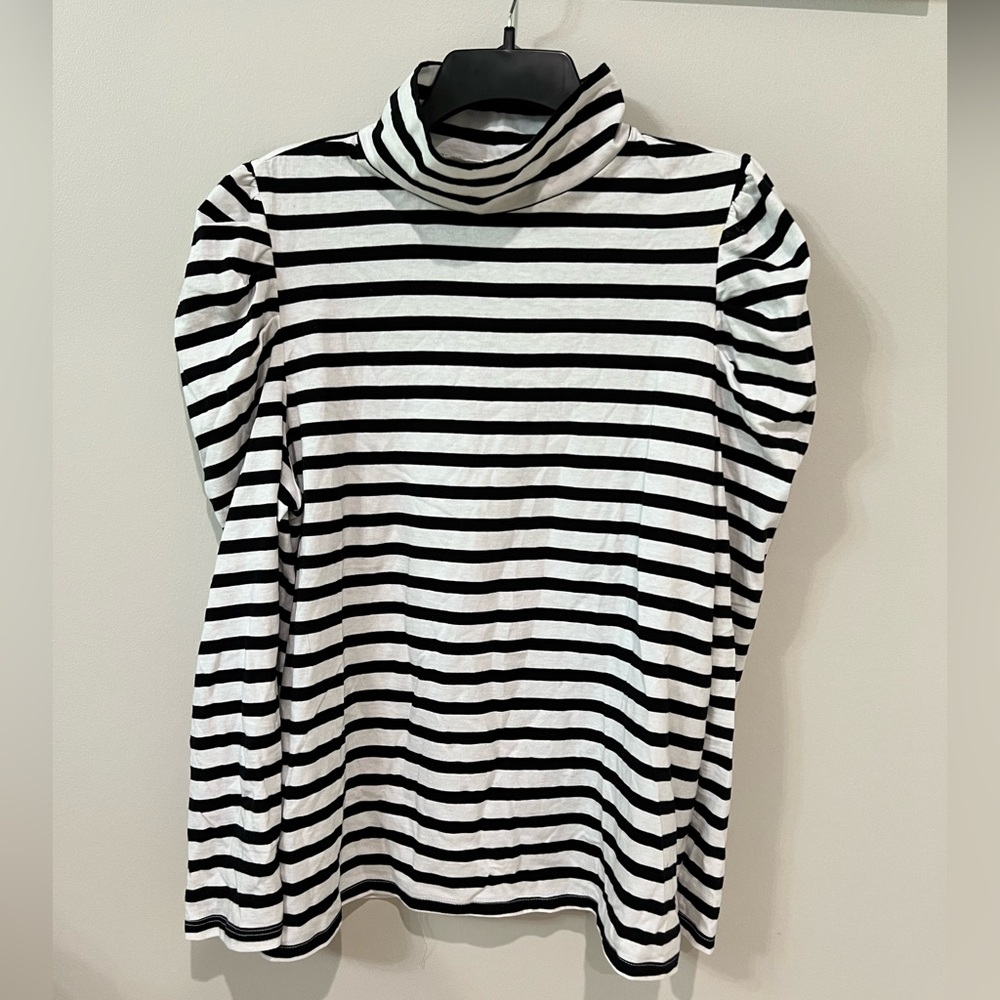 Charter Club Striped Puff Sleeve Turtleneck Top Black White XL Like New